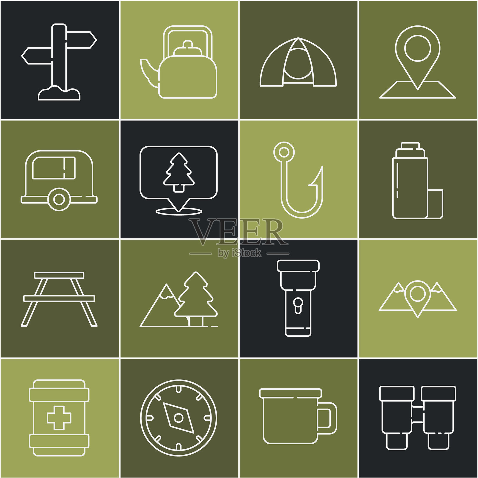 双筒望远镜，地点：山脉，保温瓶，旅游帐篷，森林，房车露营拖车，交通标志牌和钓鱼钩图标。矢量图插画图片素材