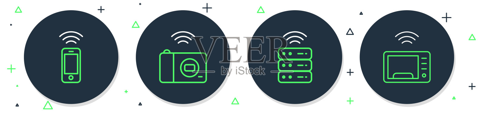 智能照片相机、服务器、无线智能手机和微波炉图标。矢量图。插画图片素材