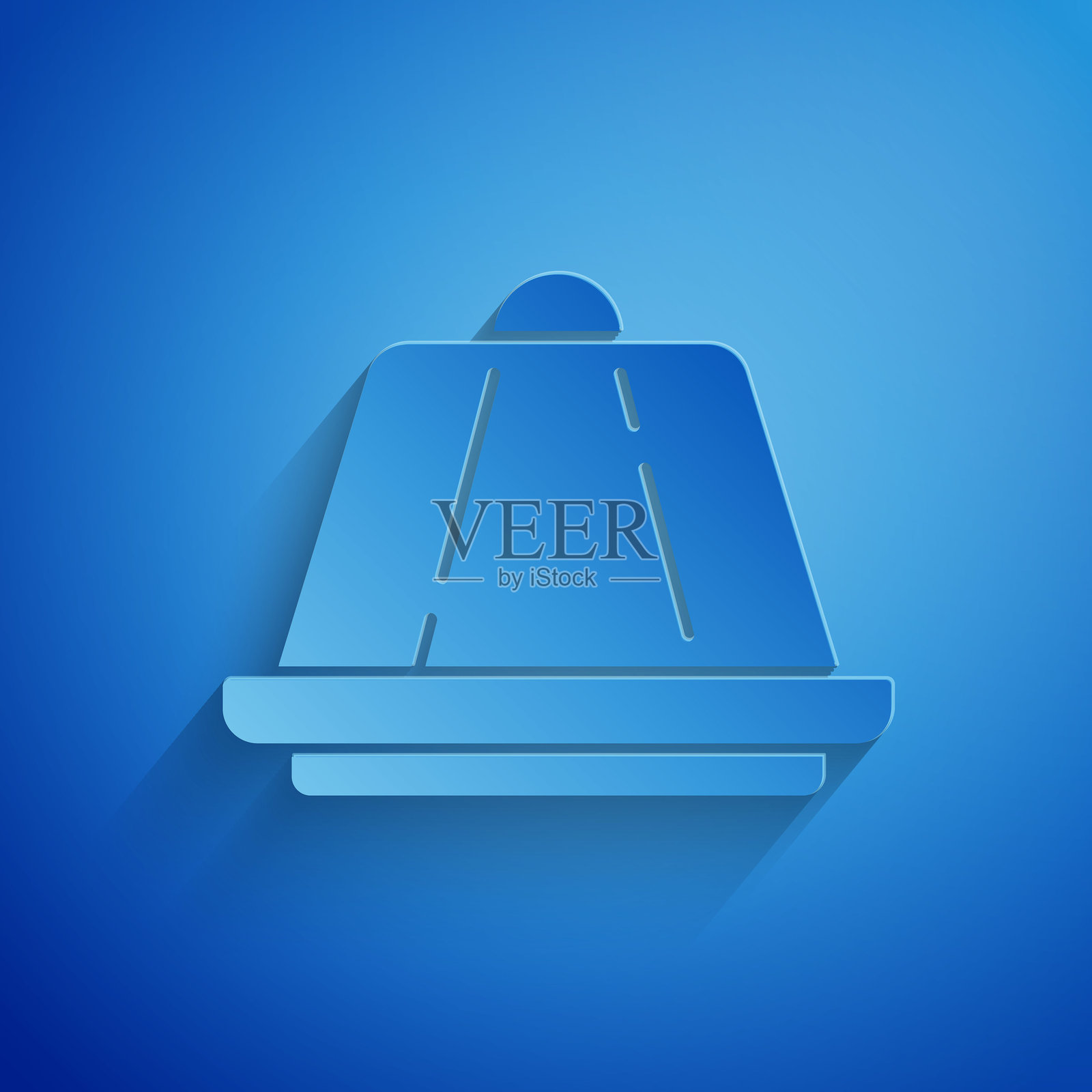 纸艺风格的焦糖酱布丁图标，背景为蓝色。插画图片素材