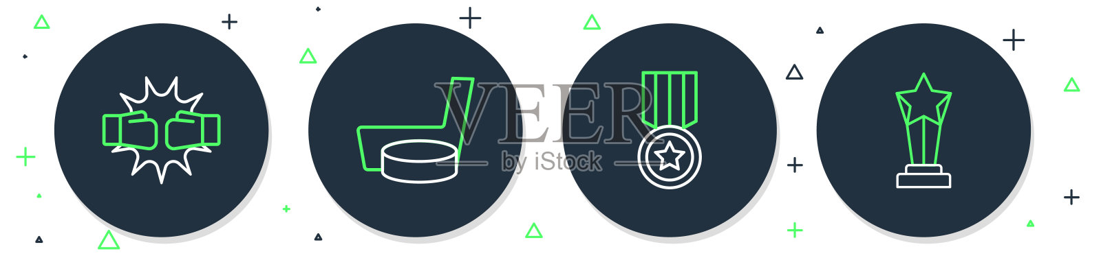 冰球棒和冰球、奖牌、拳击手套中的拳头和奖杯图标。矢量图。插画图片素材