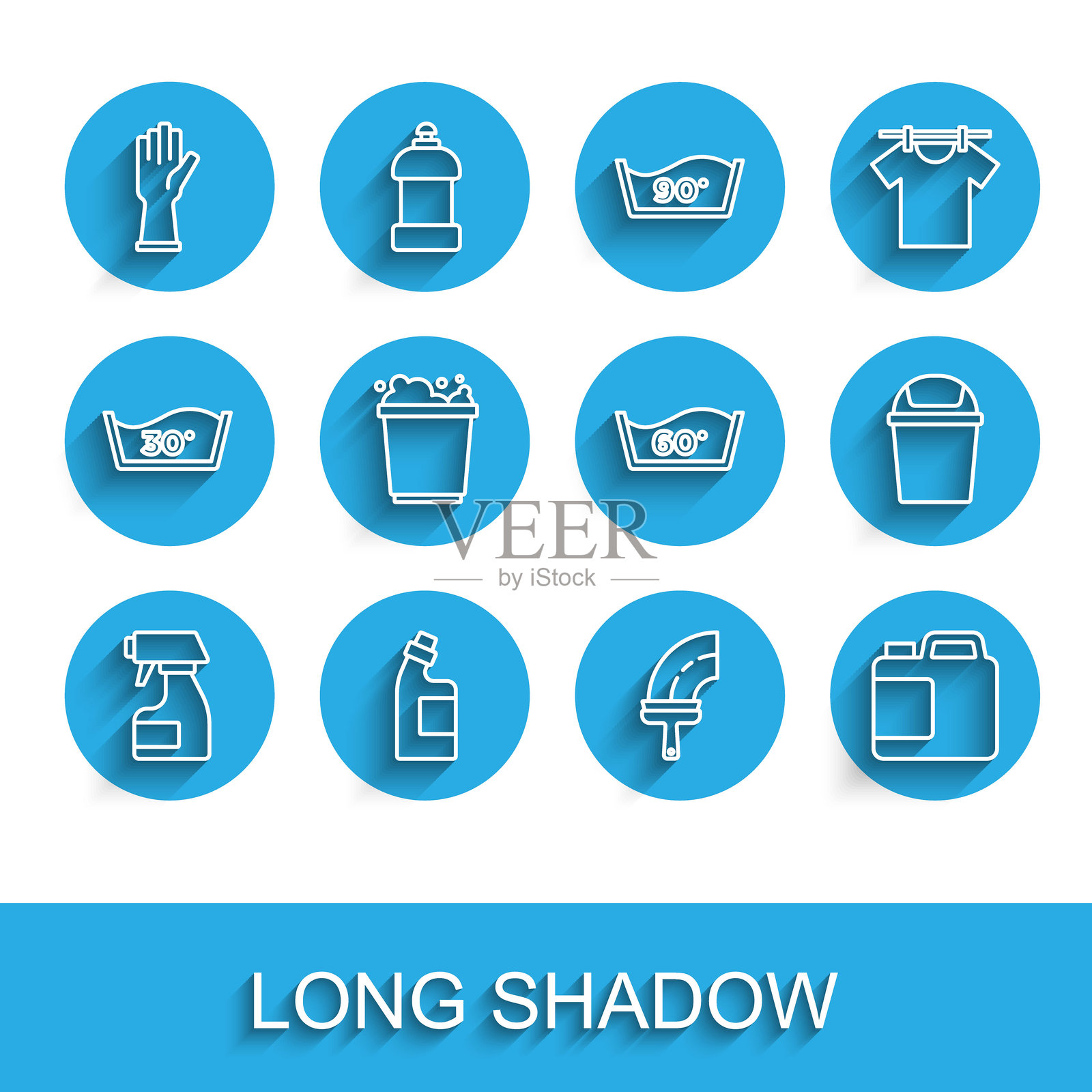 清洁喷雾瓶、清洁剂瓶、橡胶手套、清洁窗户、泡沫桶、垃圾桶和温度洗涤图标。矢量图。插画图片素材