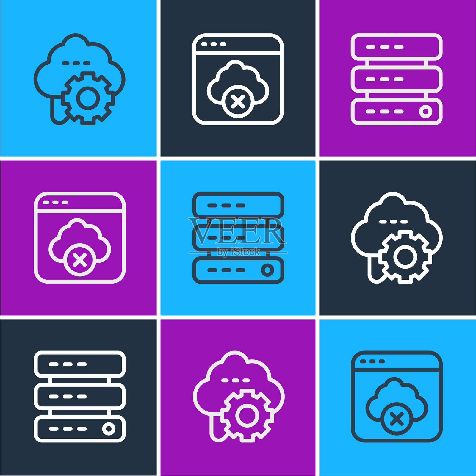 云技术数据传输、服务器、数据、网络托管和云存储访问失败图标。矢量图。插画图片素材