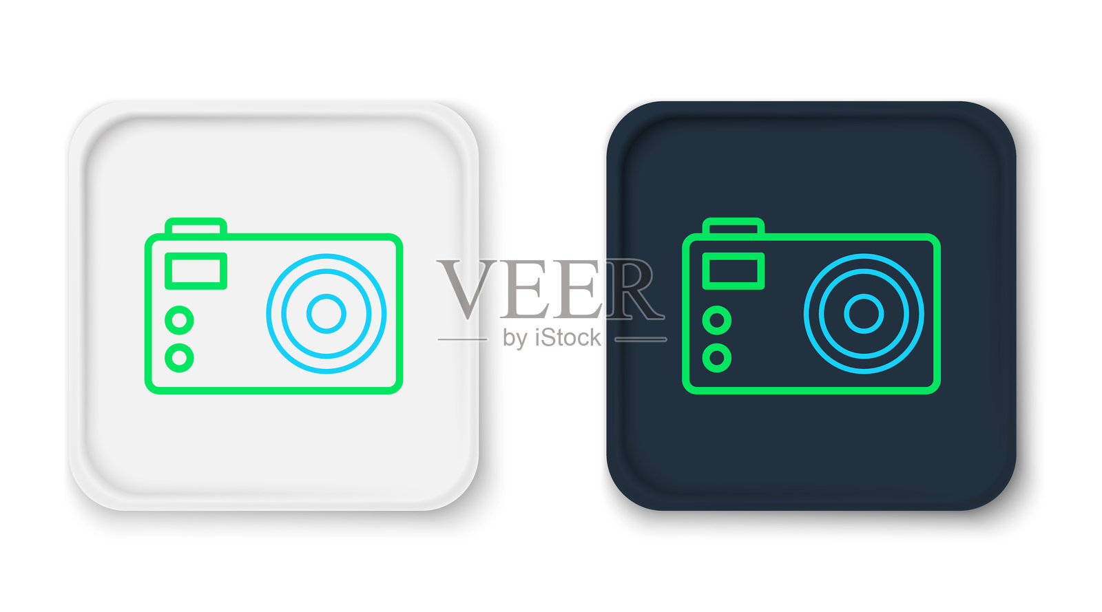 线条相机图标，背景为白色。照片相机。数字摄影。彩色轮廓概念。矢量图。插画图片素材