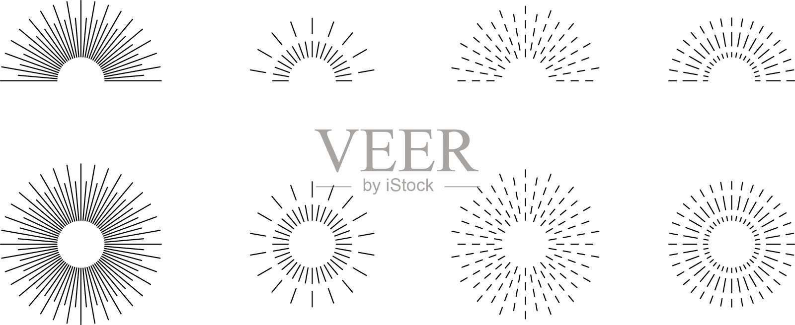 烟花。复古阳光辐射系列。绽放的金色阳光光芒。复古阳光辐射套装。绽放光芒的日出烟花星爆，耀眼的火花。标志或字母设计元素。矢量。插画图片素材