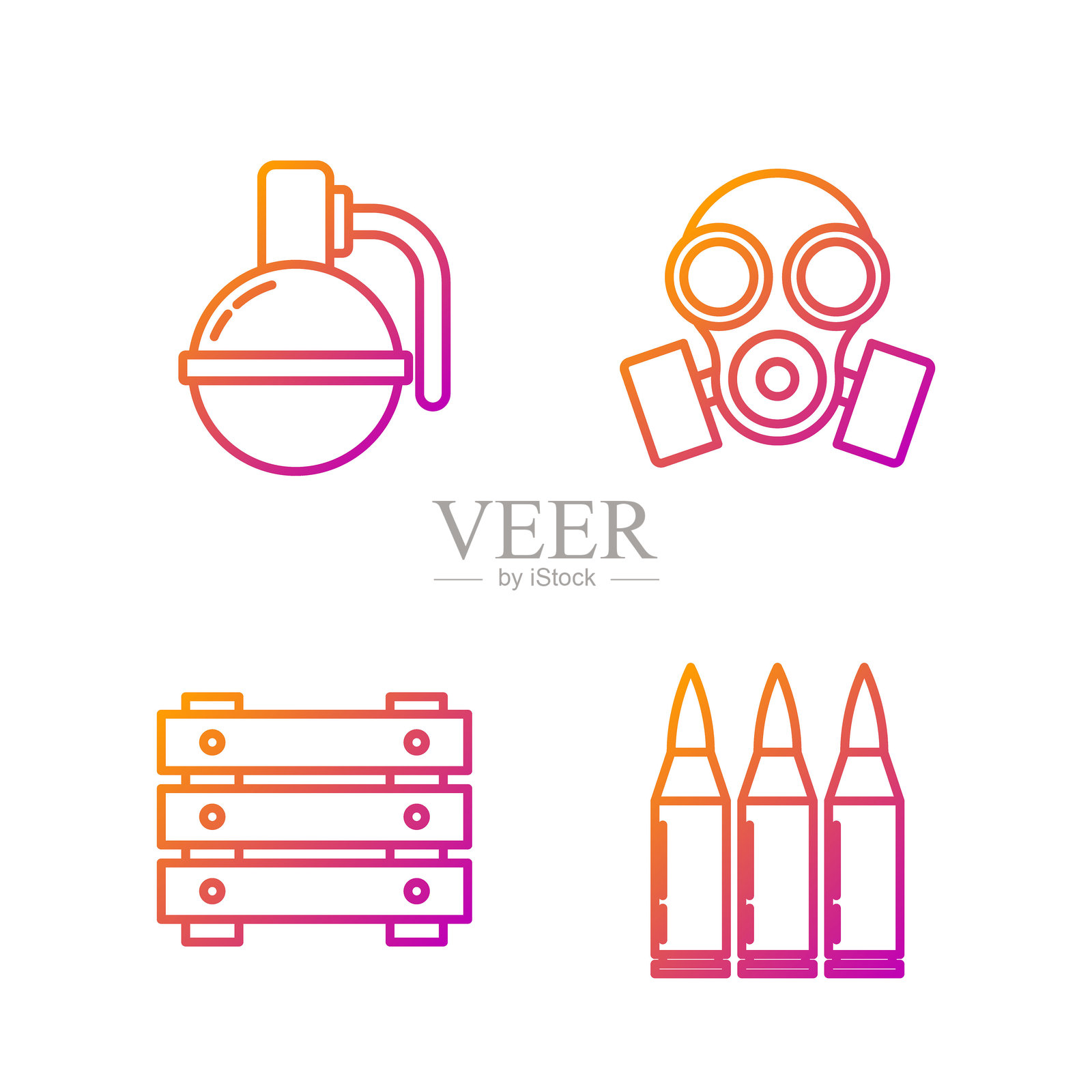 设置线条子弹、军用弹药箱、手榴弹和防毒面具。渐变色图标。矢量。插画图片素材