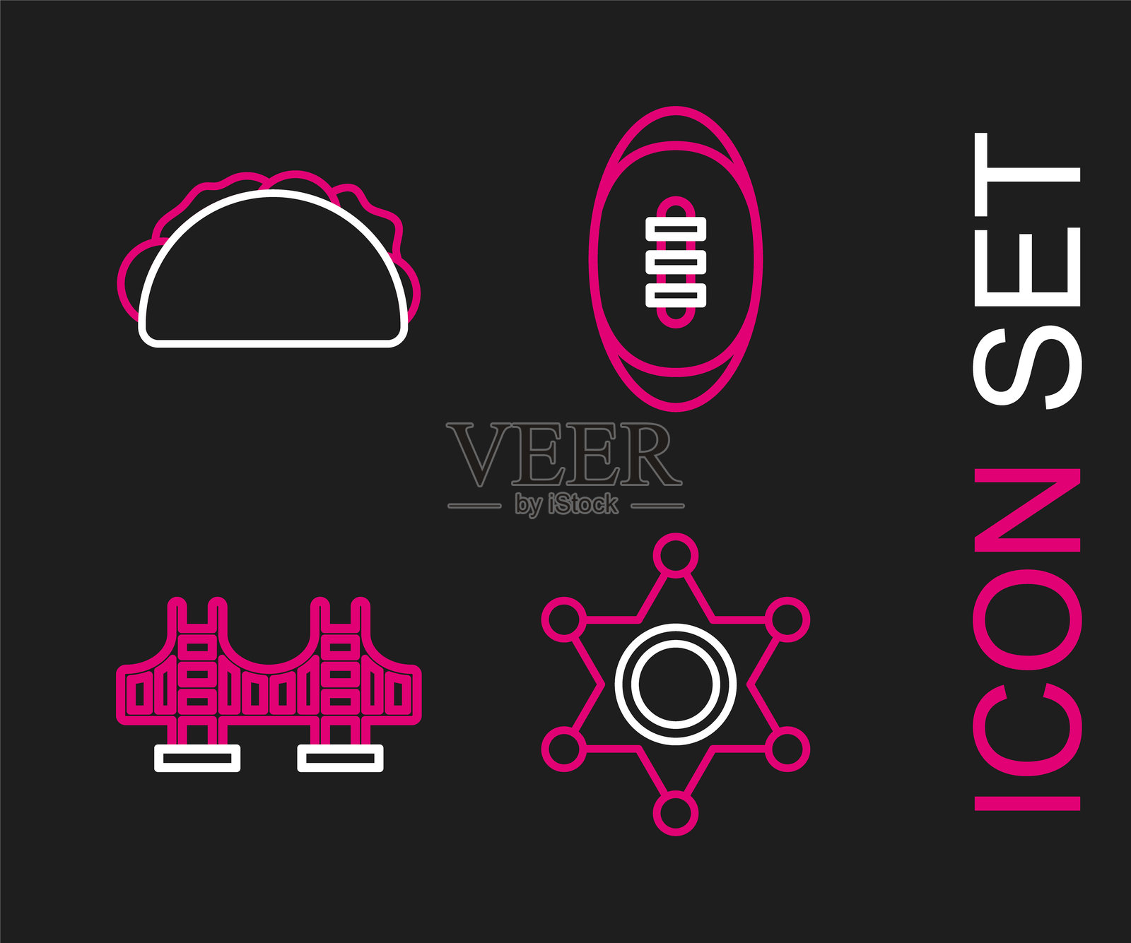 六线卦，金门大桥，美国足球和玉米饼图标。矢量图。插画图片素材