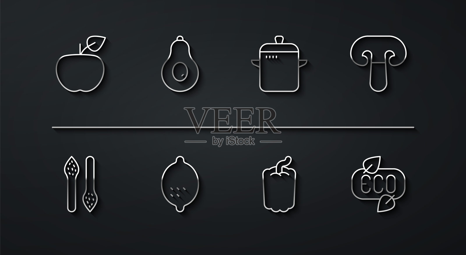 苹果、芦笋、蘑菇、甜椒、柠檬、鳄梨、叶子生态符号和烹饪锅图标。矢量图。插画图片素材