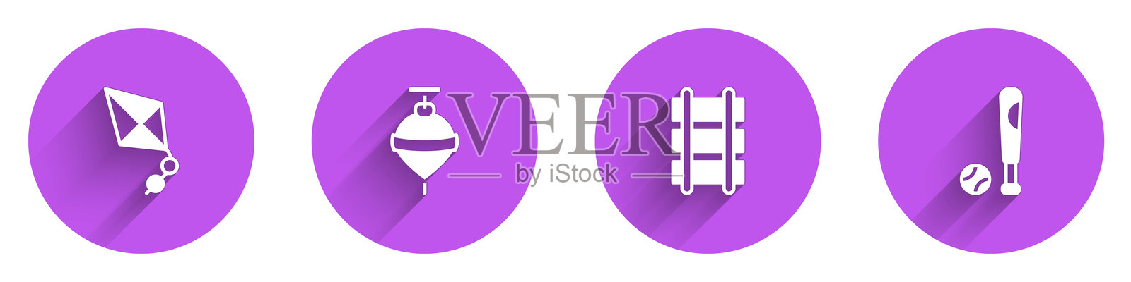 风筝、旋转玩具、玩具火车和带长阴影的棒球棒与球图标。矢量图。插画图片素材