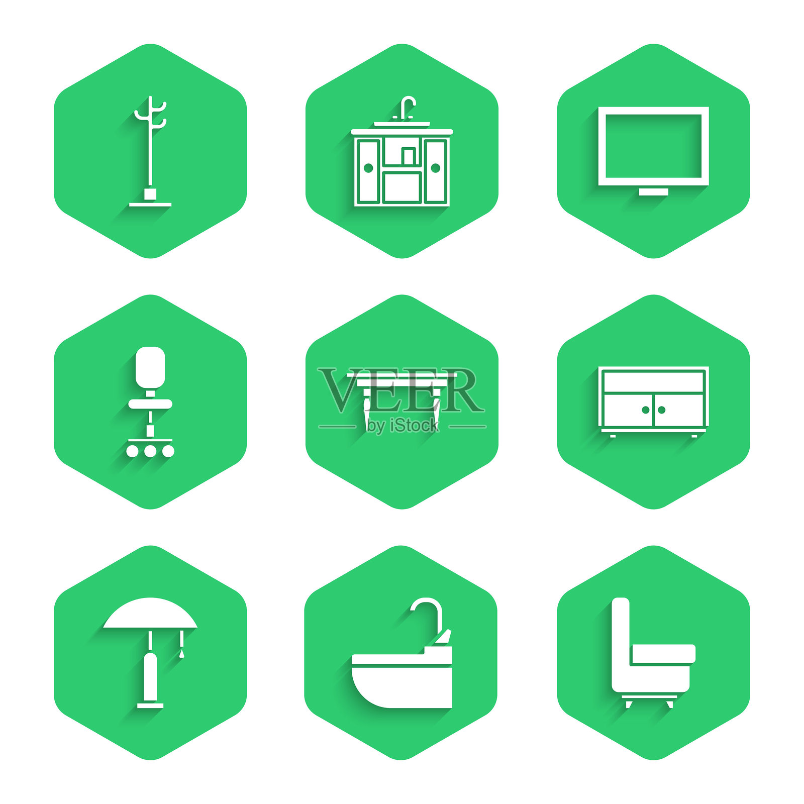 木制桌子、带水龙头的洗手盆、扶手椅、抽屉柜、台灯、办公室、相框和衣帽架图标。矢量图。插画图片素材