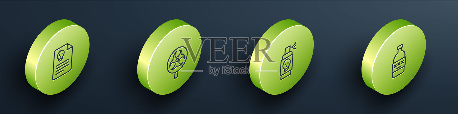 等距线条辐射警告文件、生物危害符号、喷洒灭虫剂和毒酒图标。矢量图。插画图片素材