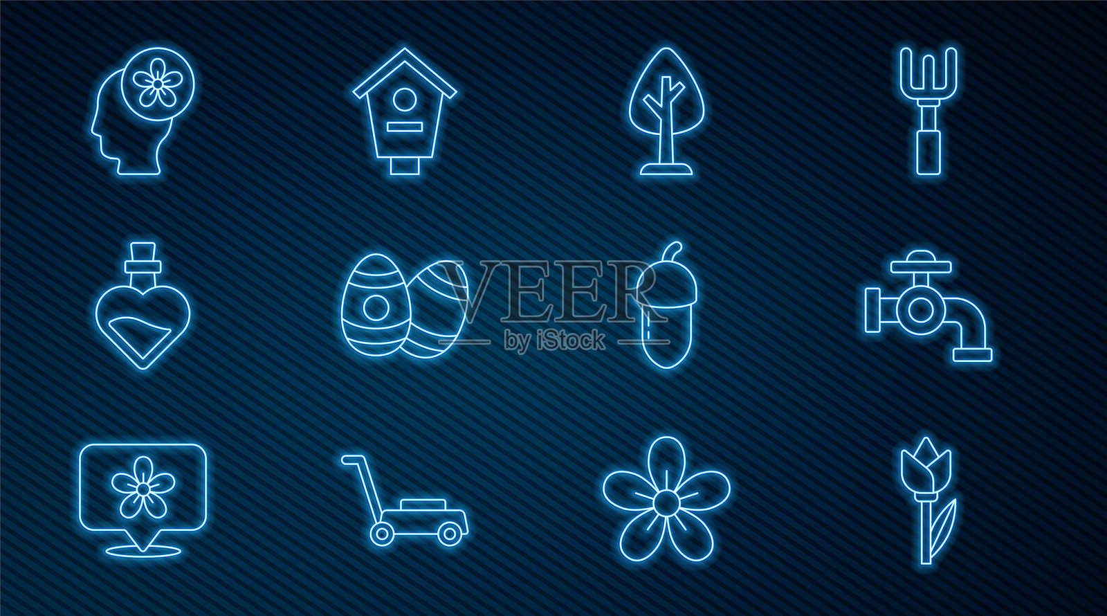 花卉图案的郁金香、水龙头、森林、复活节彩蛋、装有爱情药水的瓶子、带有花朵的人头、橡果和鸟屋图标。矢量图。插画图片素材