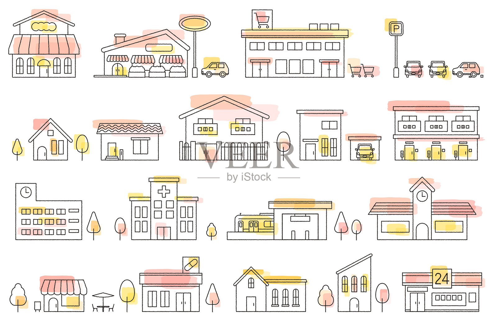 城市风景/建筑的线条插图（粉色水彩风格）插画图片素材