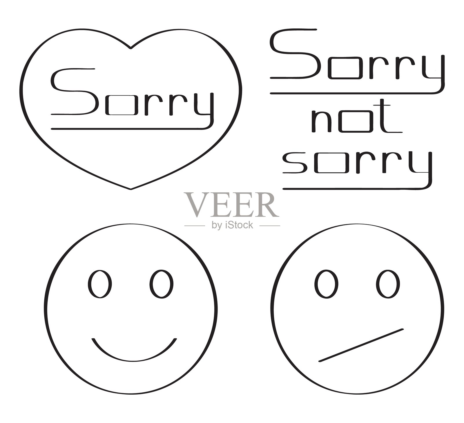 对不起的手写卡片，包含“对不起”和“并不抱歉”的短语，表达内疚的情感。负面人类情绪图标。抱歉表情符号。道歉文本。插画图片素材