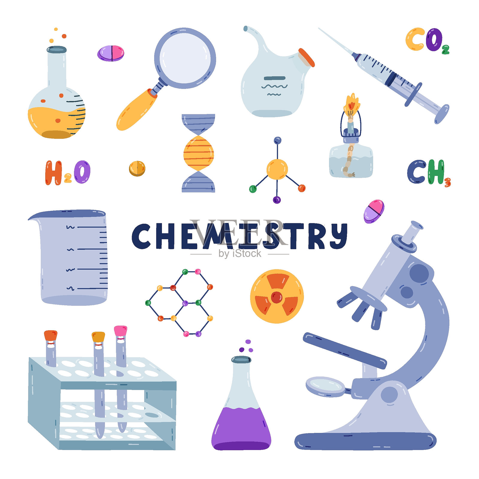 可爱的卡通化学、科学和实验室剪贴画套装。用于化学、遗传、医学实验和学习的实验室设备。手绘涂鸦，适合医学和生物学习，背景为白色。插画图片素材