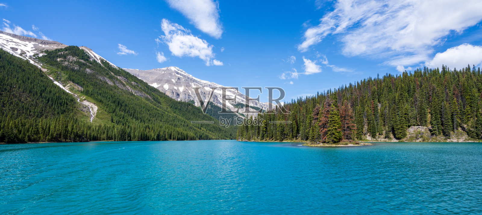 加拿大阿尔伯塔省贾斯珀国家公园的马林湖夏季风光。照片摄影图片