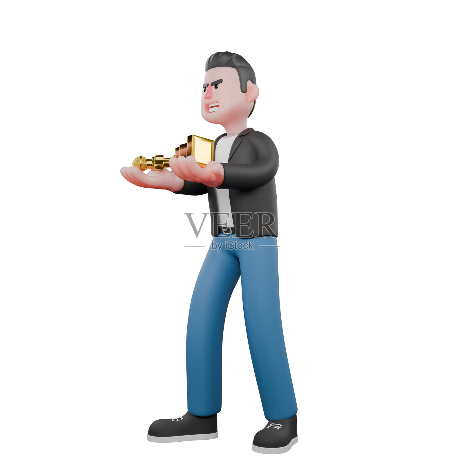 3D 动画音乐角色。一位男性音乐家手持奖杯，面带平静表情。声乐艺术家模型。照片摄影图片