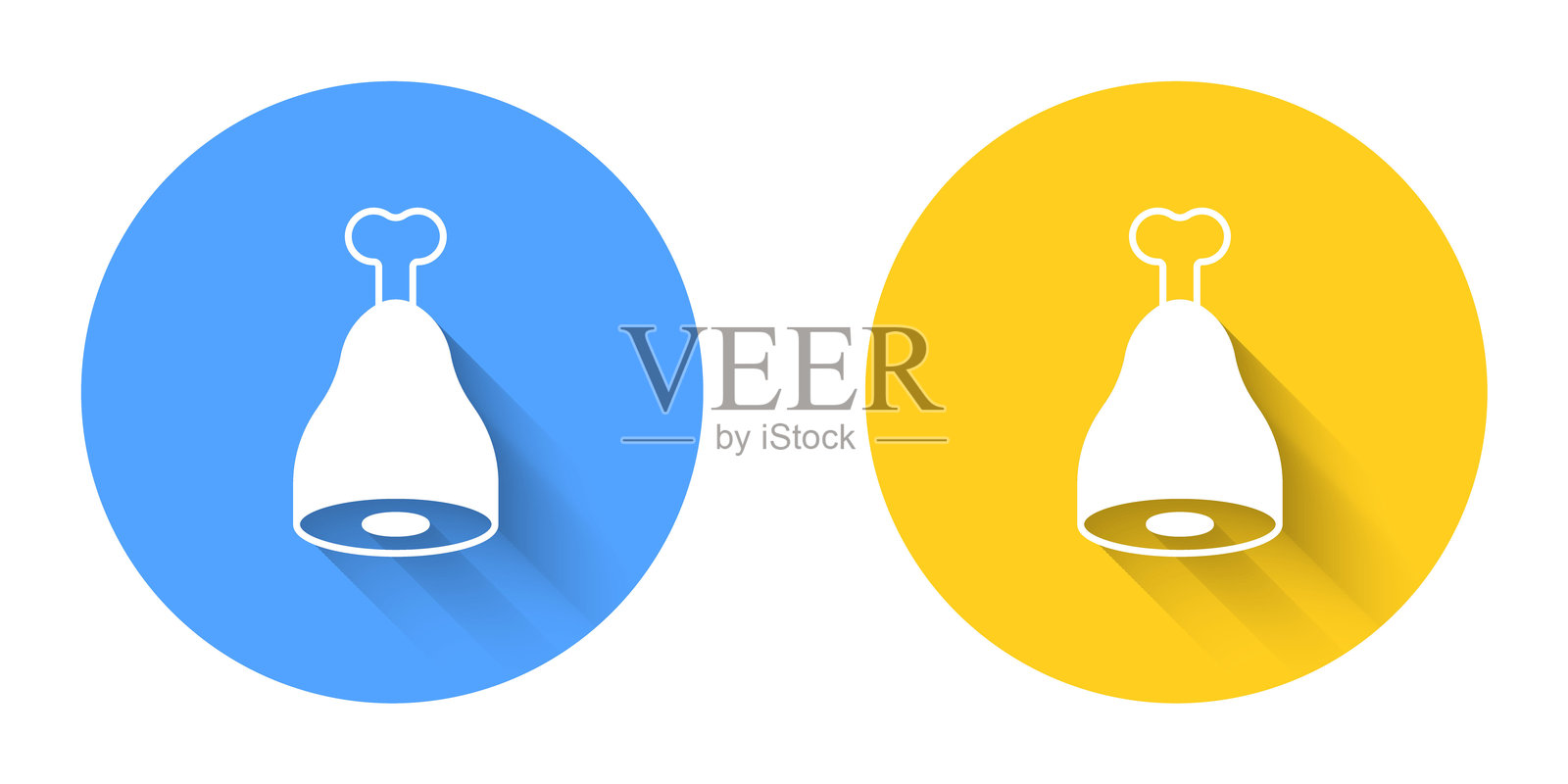 白色鸡腿图标，带有长阴影背景。鸡腿。圆形按钮。矢量图。插画图片素材