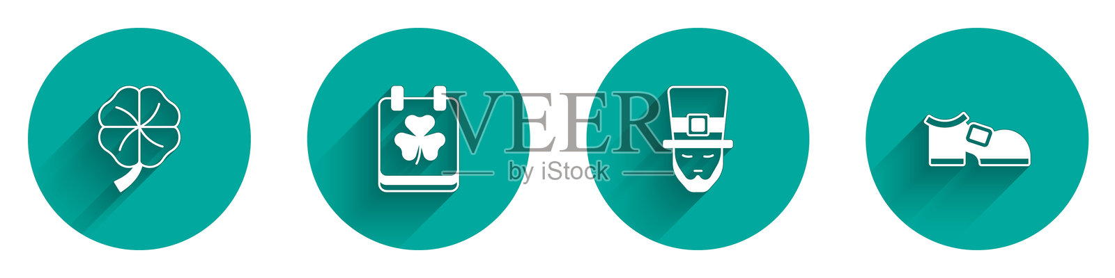 四叶草、圣帕特里克节日历、长影子的小精灵和靴子图标。矢量图。插画图片素材