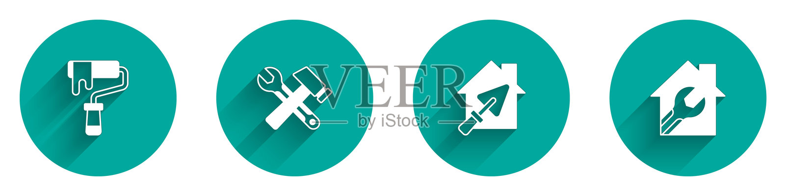 油漆滚筒刷、锤子和扳手、带抹子和长阴影图标的房子。矢量图。插画图片素材