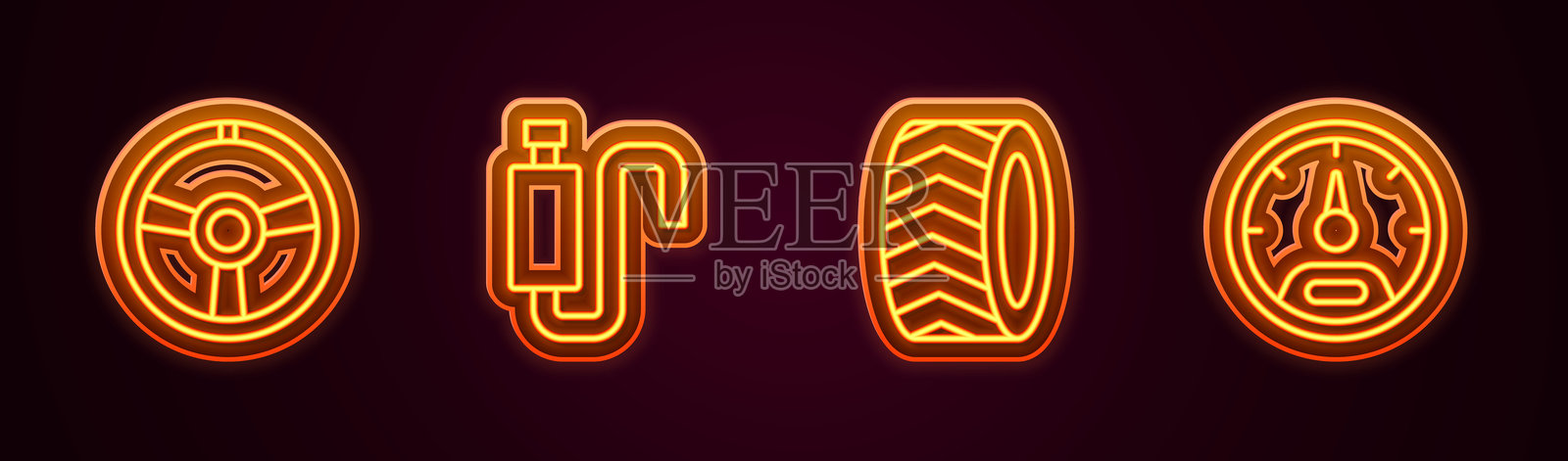 赛车方向盘、汽车消声器、轮胎和速度计的组合。发光霓虹图标。矢量图。插画图片素材