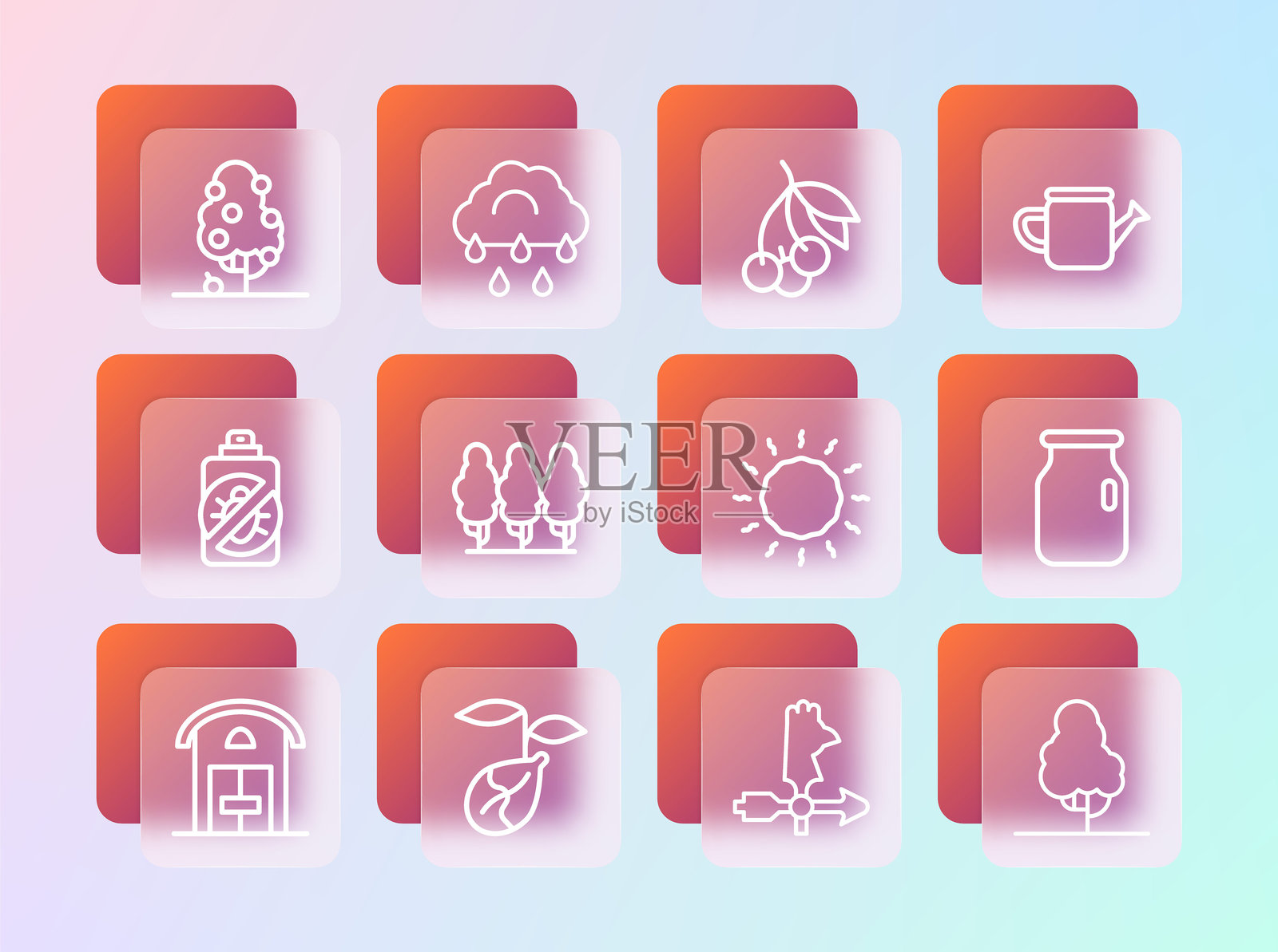 浇水壶、嫩芽、太阳、公鸡风向标、水果树、新鲜浆果和带雨云图标。矢量图。插画图片素材