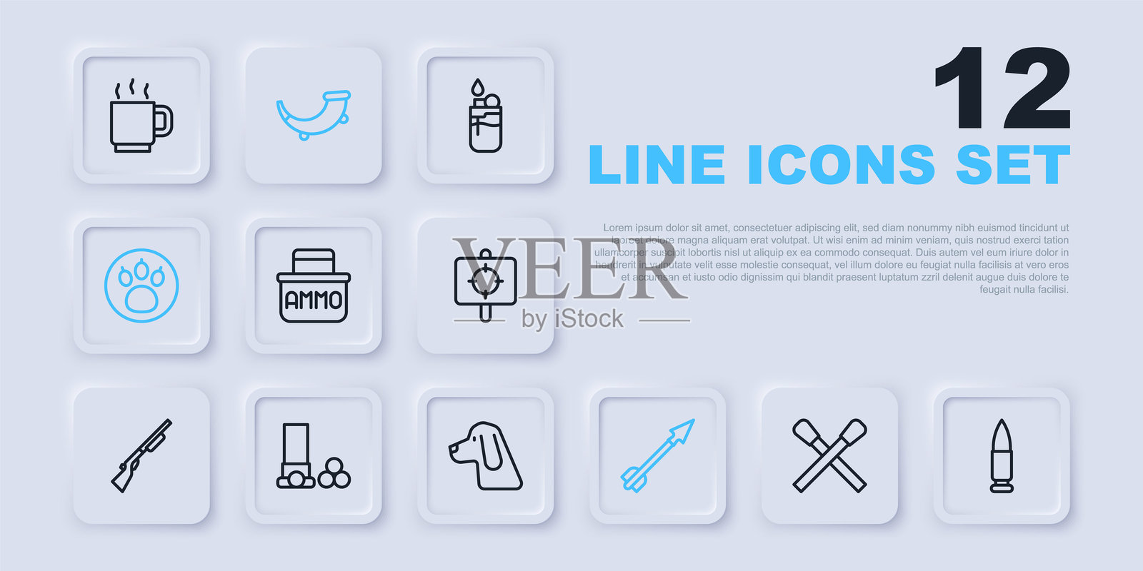 燃烧的火柴与火焰、子弹、弹药箱、中世纪箭头、爪子搜索、子弹壳、狩猎号角和狗图标。矢量图插画图片素材