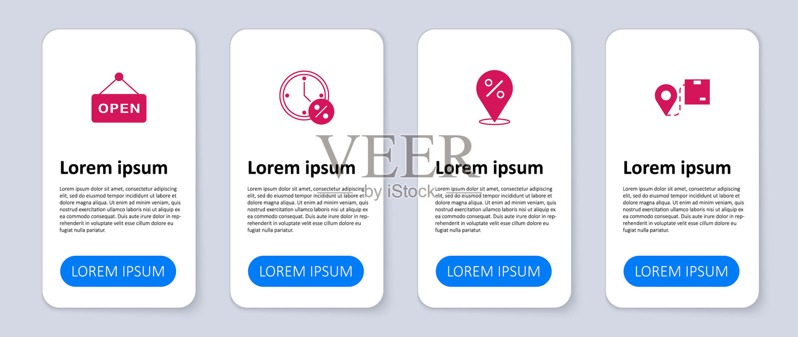 设置位置，纸箱，百分比，时钟和折扣，以及悬挂标志文本“开放”。商业信息图模板。矢量图。插画图片素材