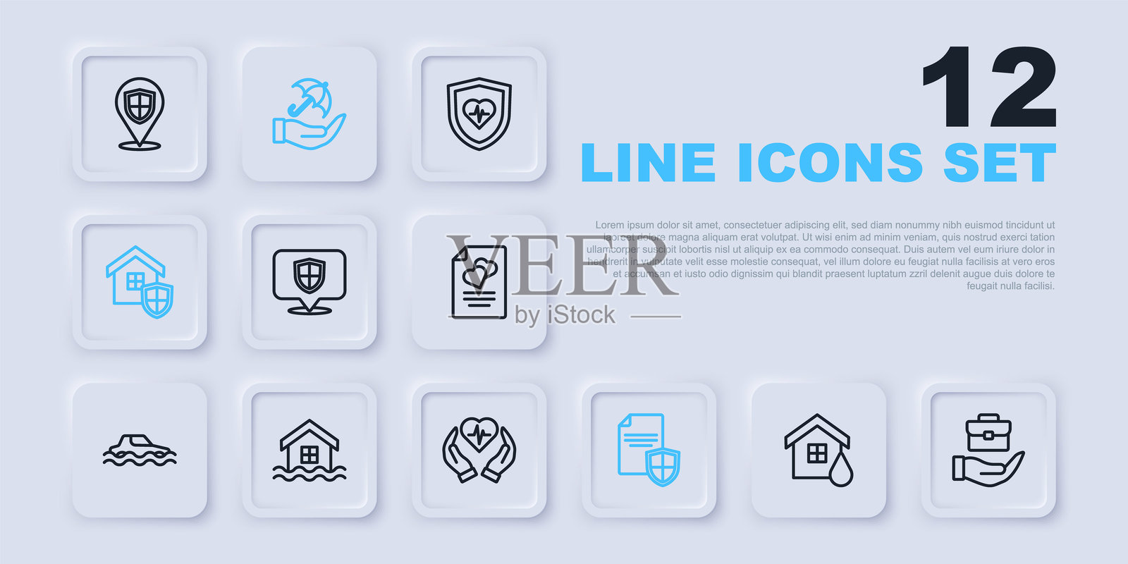 房屋洪水线条图，手握公文包，位置保护盾，合同，手持雨伞和人寿保险图标。矢量图插画图片素材