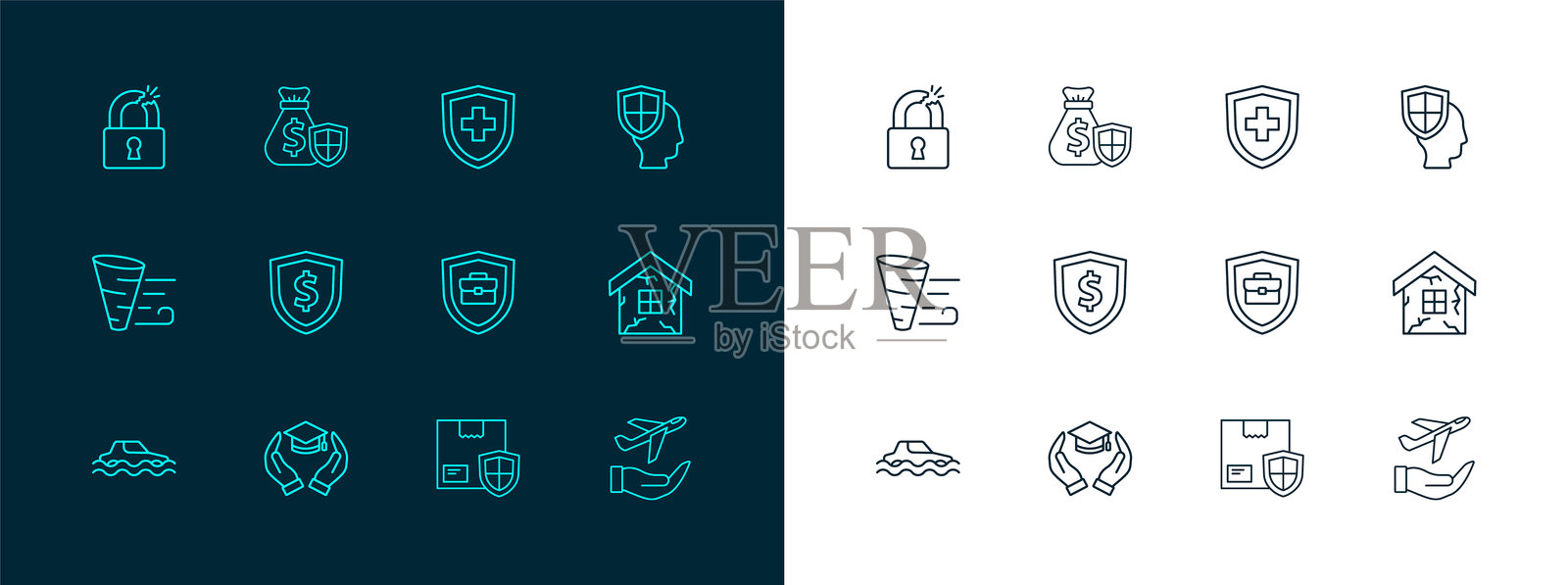 生命保险与盾牌、教育补助、手提箱、交付安全、盾牌美元、破损或裂开的锁和钱袋图标。矢量图。插画图片素材