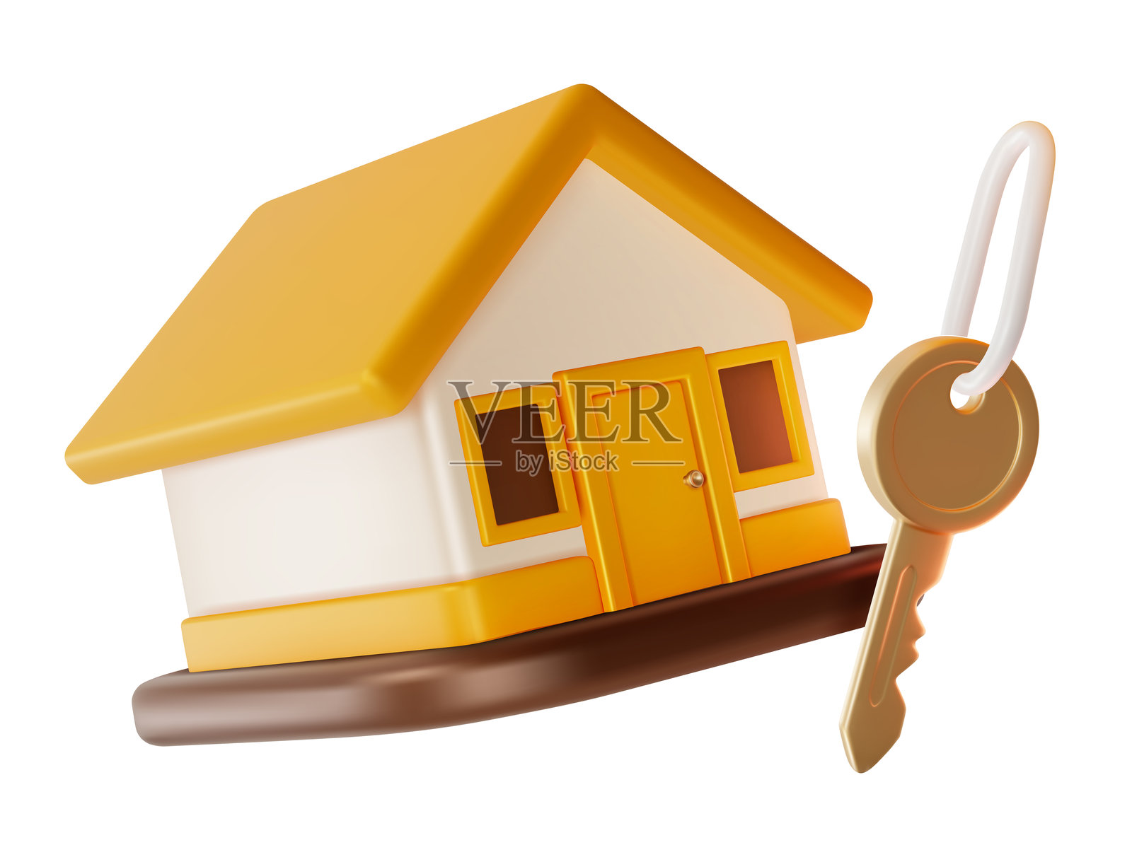 3D房屋信用概念，家居建筑与钥匙卡通设计风格。矢量图。插画图片素材