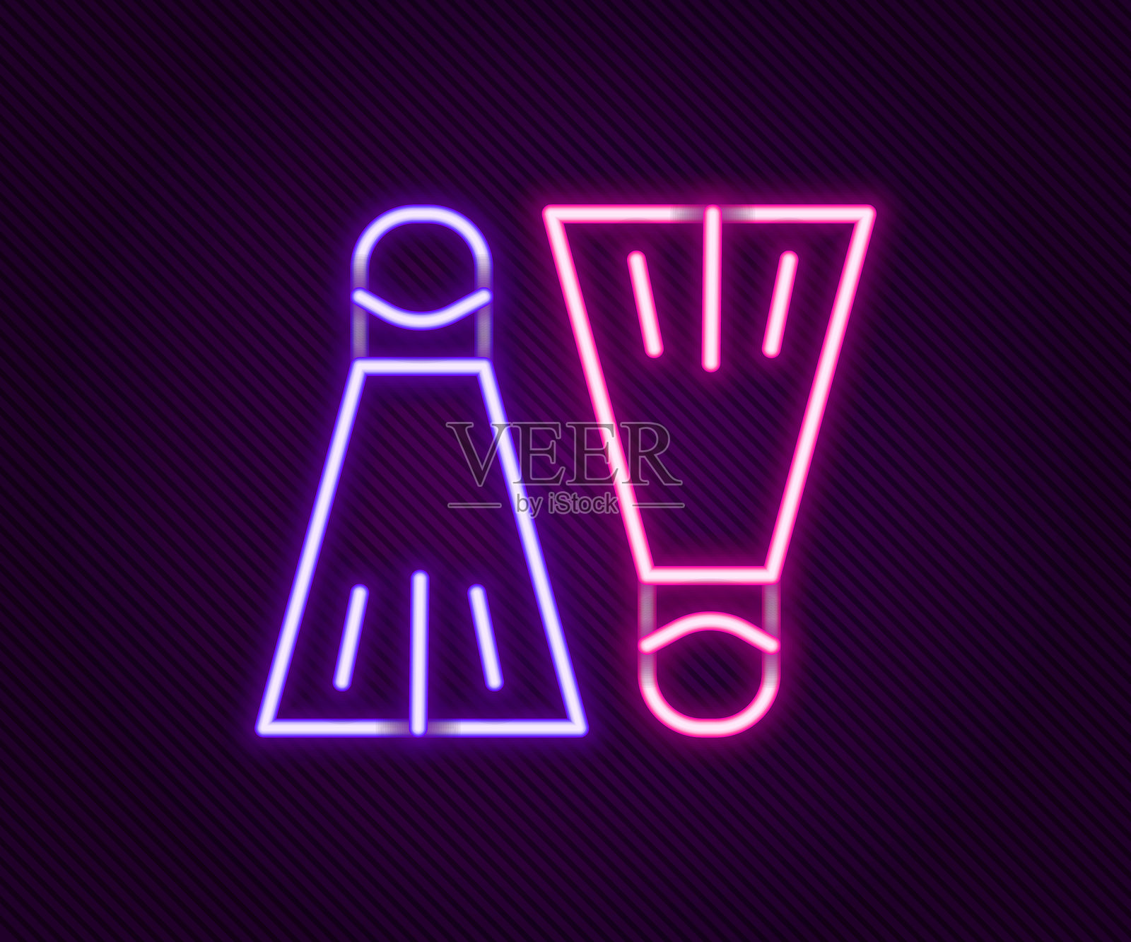 发光的霓虹线条游泳用橡胶脚蹼图标，背景为黑色。潜水设备。极限运动。运动器材。彩色轮廓概念。矢量图。插画图片素材