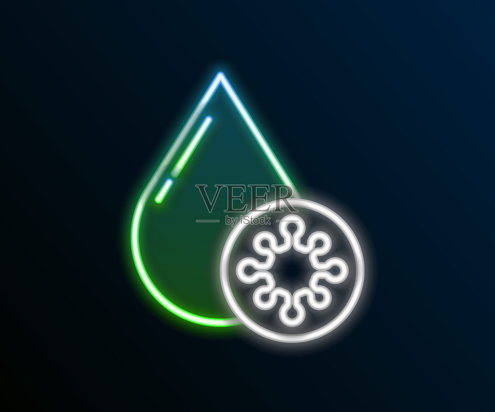 发光的霓虹线条血液检测和病毒分子冠状病毒图标，背景为黑色。冠状病毒，COVID-19。2019-nCoV。彩色轮廓概念。矢量图。插画图片素材