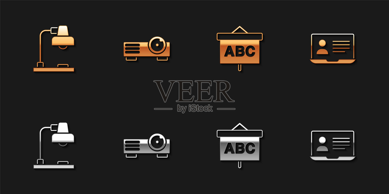 台灯、电影、影片、媒体投影仪、黑板和在线课堂图标。矢量图。插画图片素材