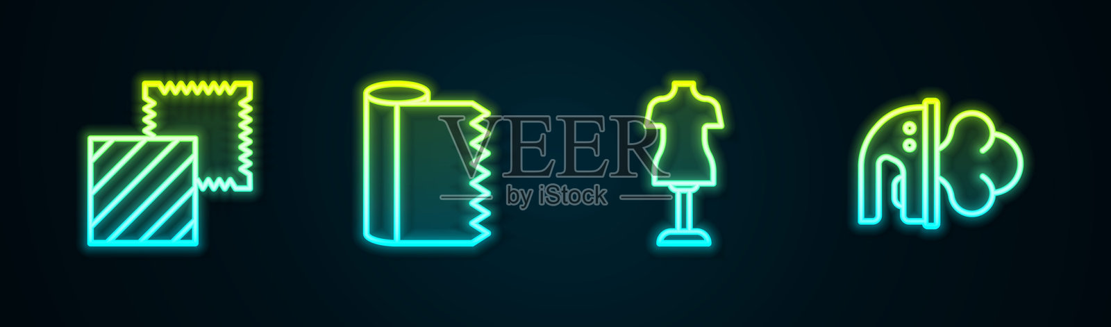 纺织面料卷、模特和电熨斗。发光霓虹图标。矢量图。插画图片素材