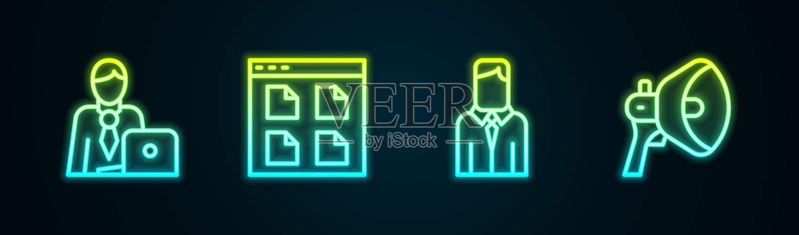 商务人士、浏览文件、工人和扩音器。发光霓虹图标。矢量图。插画图片素材