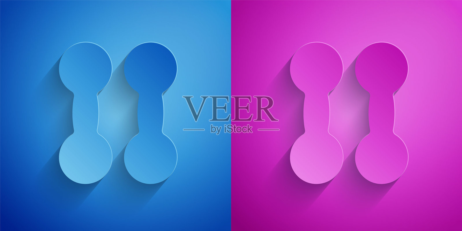 纸剪刀风格的哑铃图标，背景为蓝色和紫色。肌肉举重图标，健身杠铃，运动器材，锻炼哑铃。纸艺风格。矢量图。插画图片素材