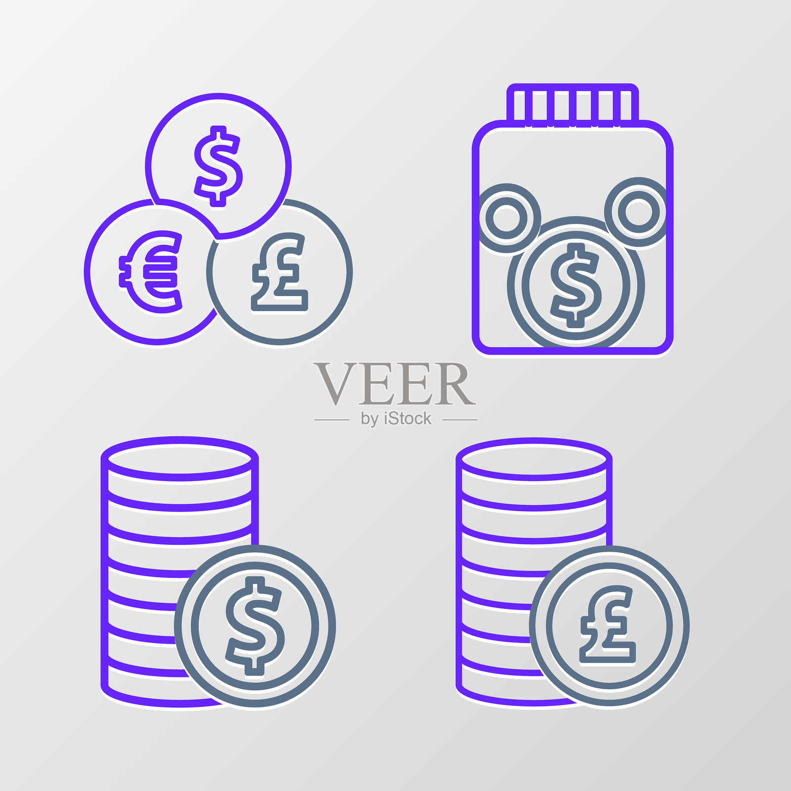 设置线条货币，包括英镑、美元、玻璃罐硬币和货币兑换图标。矢量图。插画图片素材