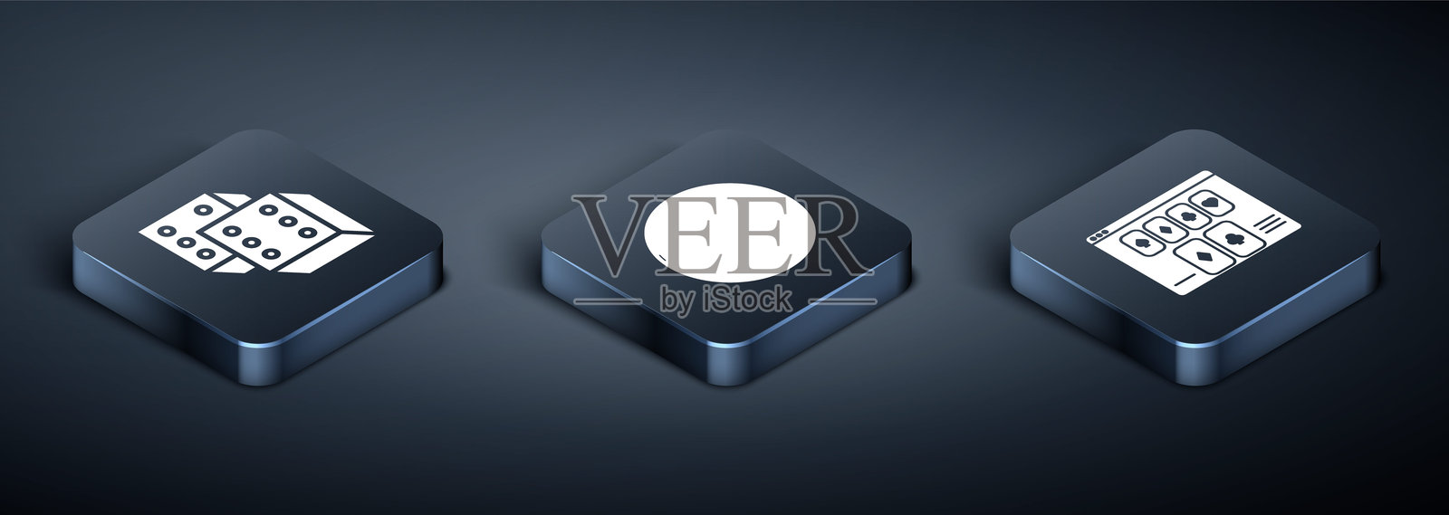 等距游戏骰子、在线扑克桌游戏和赌场轮盘图标。矢量图。插画图片素材