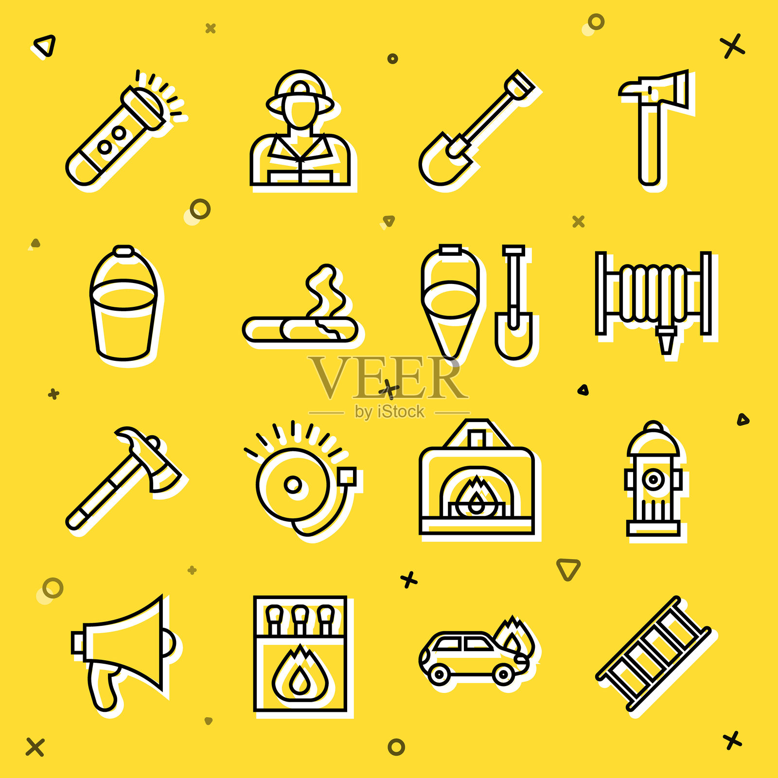 消防逃生线、消防栓、消防水带卷盘、铲子、香烟、桶、手电筒和图标。矢量图。插画图片素材