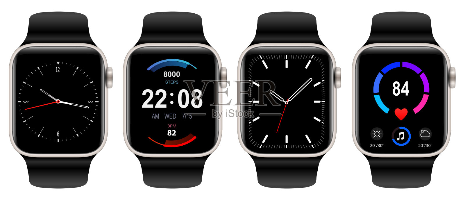 智能手表图标集合，孤立在白色背景上，科技电子设备，手表表带，现代电子智能手表系列。插画图片素材