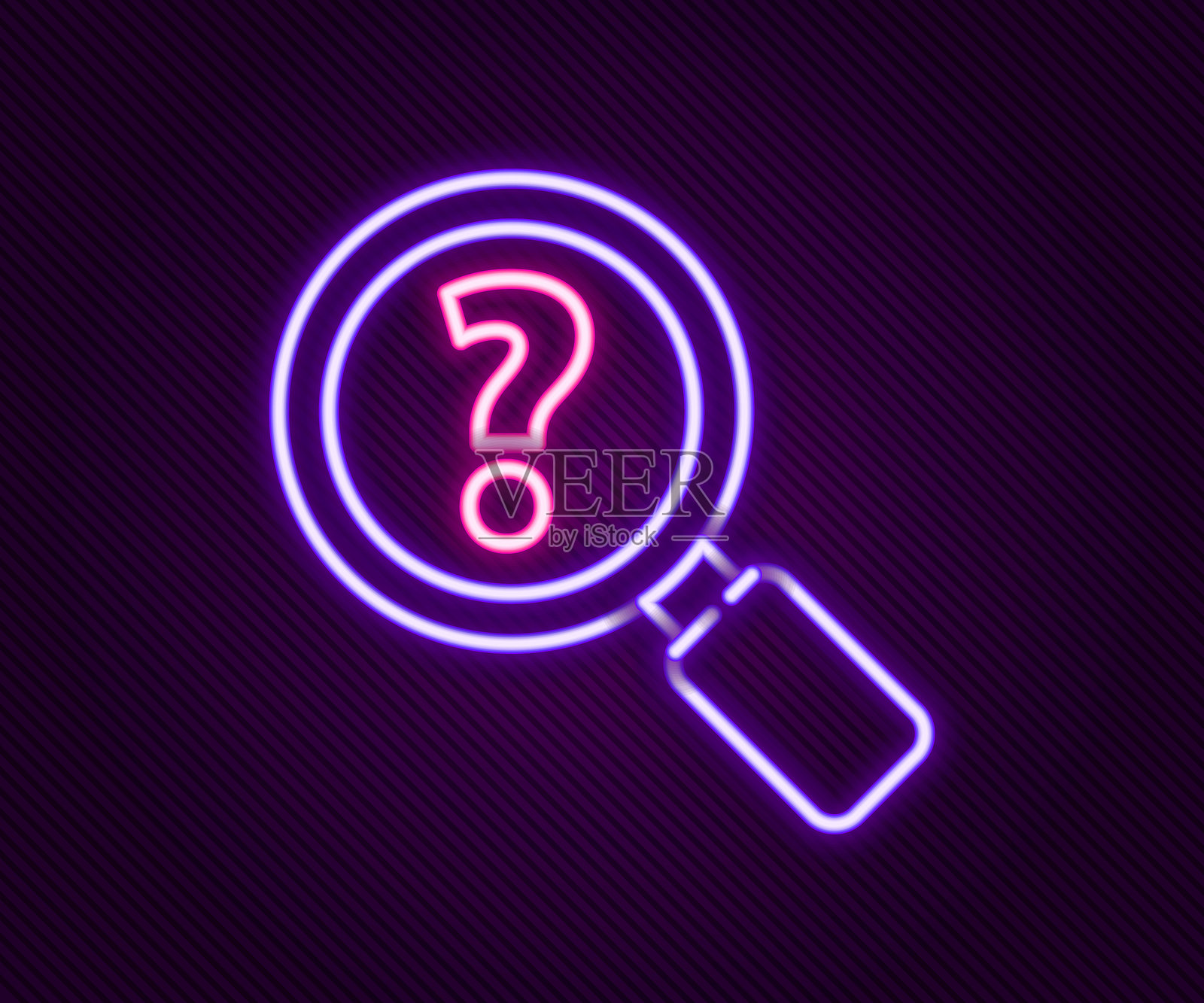 发光的霓虹线条，未知搜索图标，独立于黑色背景。放大镜和问号。彩色轮廓概念。矢量图。插画图片素材