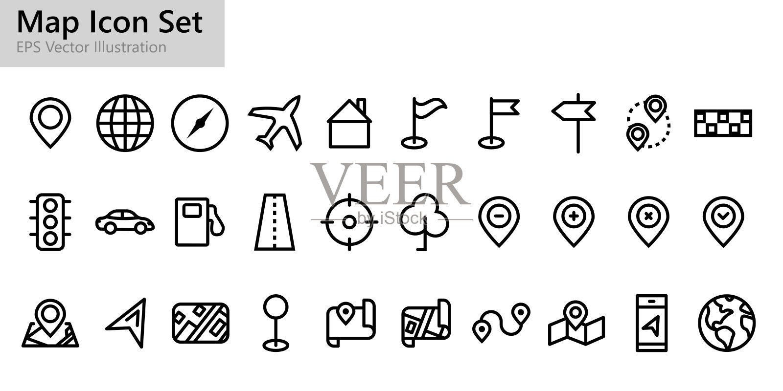 黑色地图图标集轮廓。插画图片素材