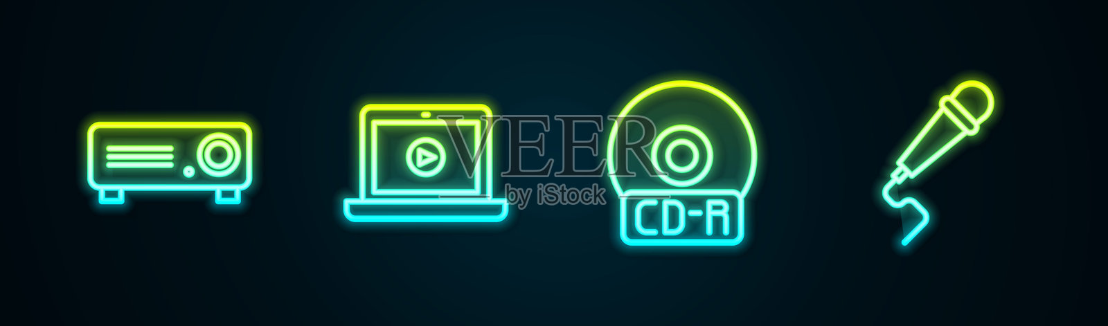电影放映机、在线视频播放、CD DVD光盘和麦克风。发光的霓虹图标。矢量图。插画图片素材