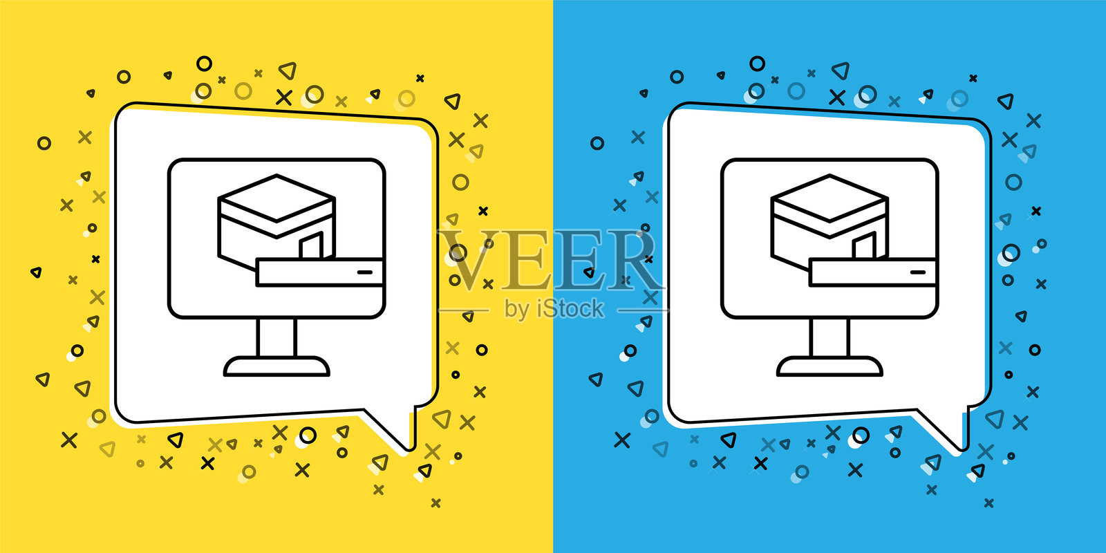 卡巴清真寺图标，背景为黄色和蓝色。卡巴，朝觐，麦加，祈祷，朝圣，斋月，伊斯兰教，穆斯林清真寺。矢量图。插画图片素材