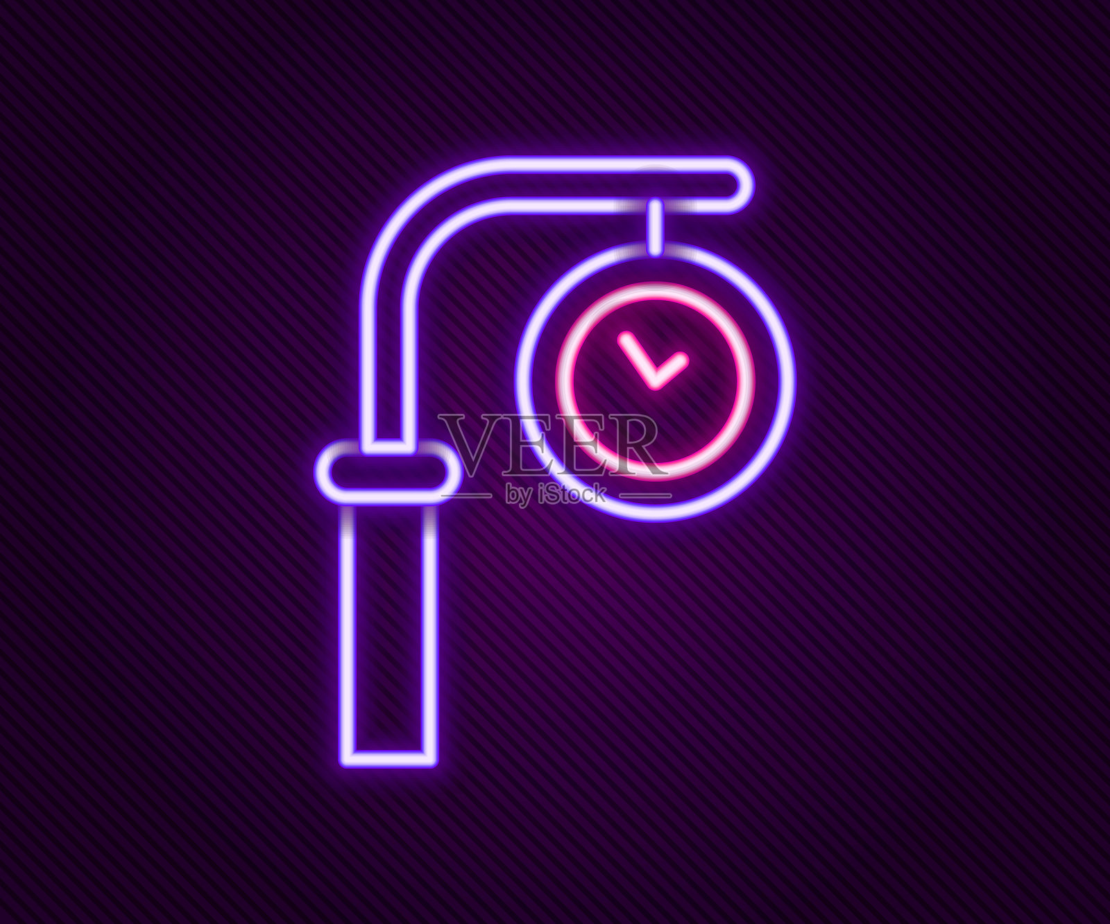 发光的霓虹线火车站钟表图标，背景为黑色。彩色轮廓概念。矢量图。插画图片素材