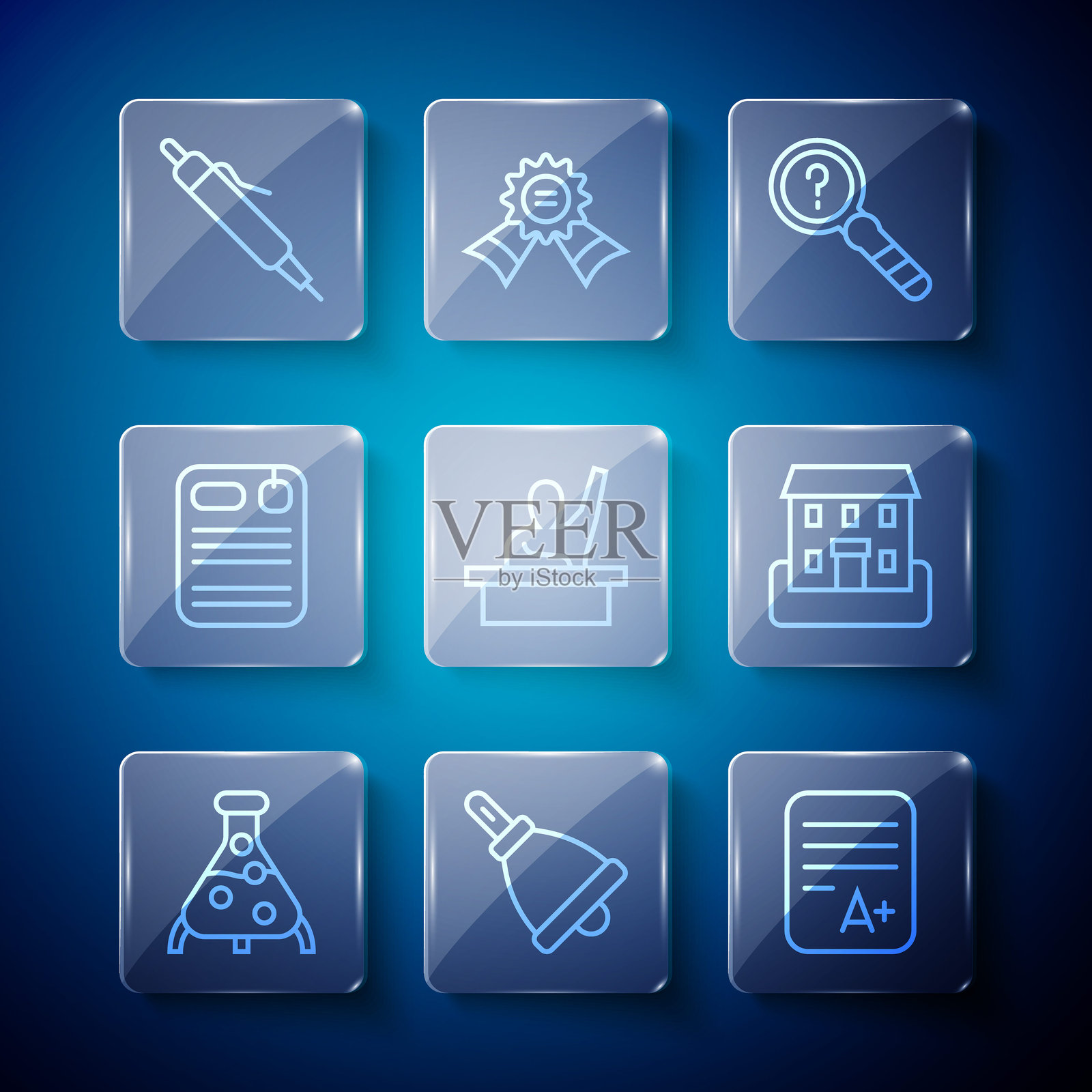 试管和烧瓶，铃声，带有A+成绩的考试试卷，未知搜索，男孩举手，档案夹，钢笔和学校建筑图标。矢量图插画图片素材