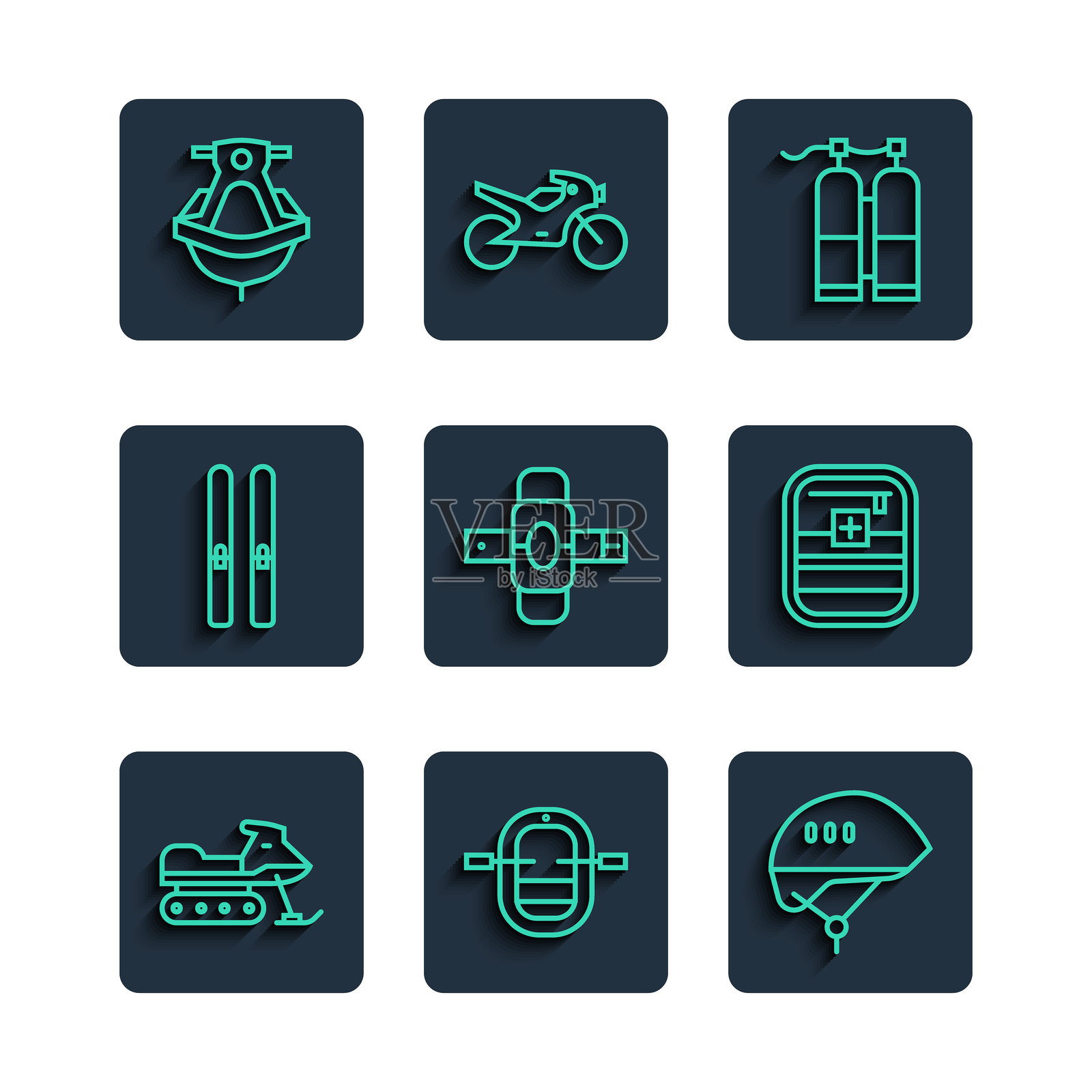 雪地摩托、漂流船、自行车头盔、水肺、护膝、滑雪和滑雪杖、摩托艇和急救包图标。矢量图。插画图片素材