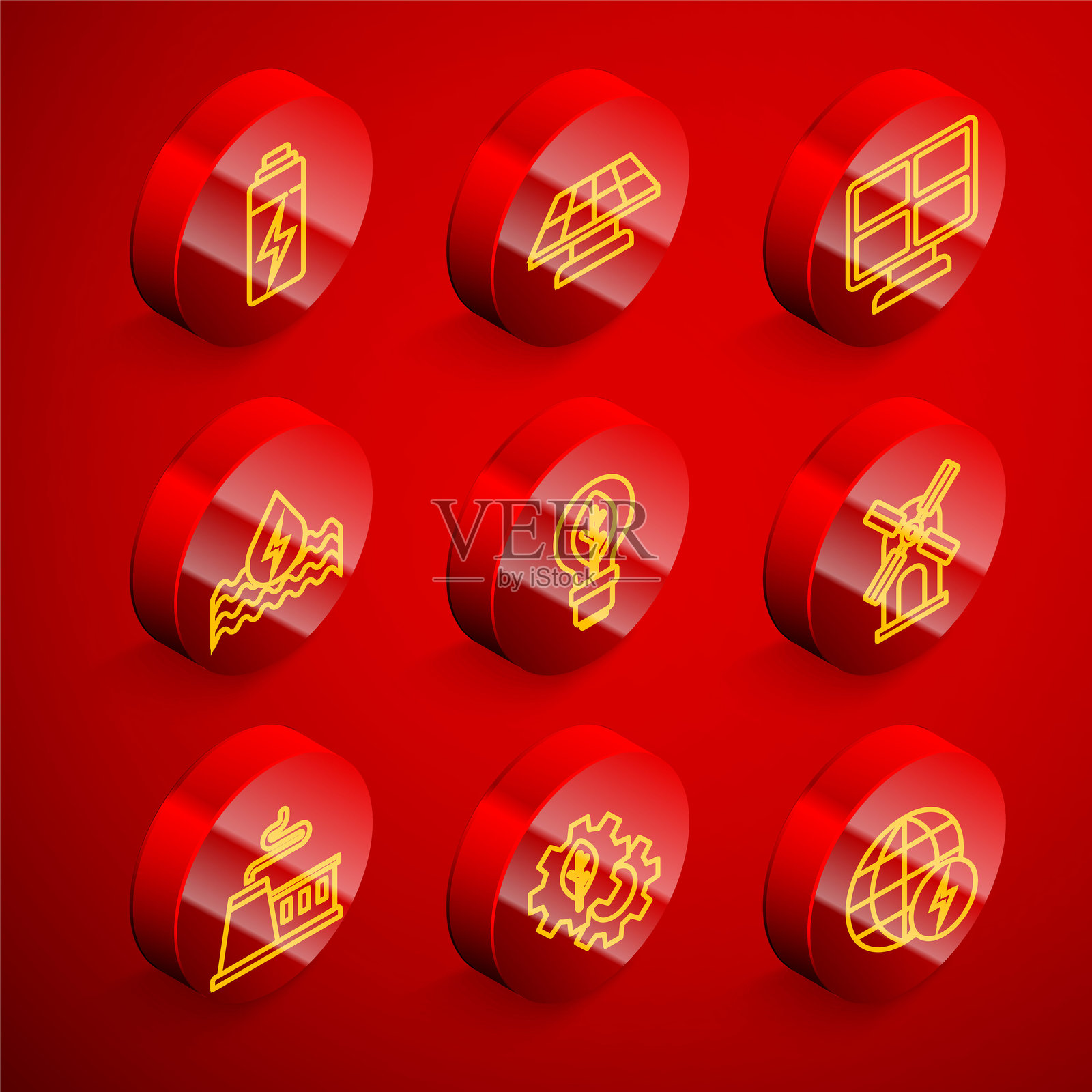 电池、太阳能面板、水、带叶子的灯泡、风力涡轮机、工厂和叶子植物齿轮机器图标。矢量图。插画图片素材