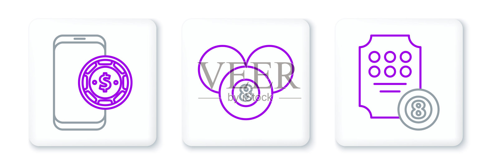 线上老虎机、扑克桌游戏和台球斯诺克8球图标。矢量图。插画图片素材