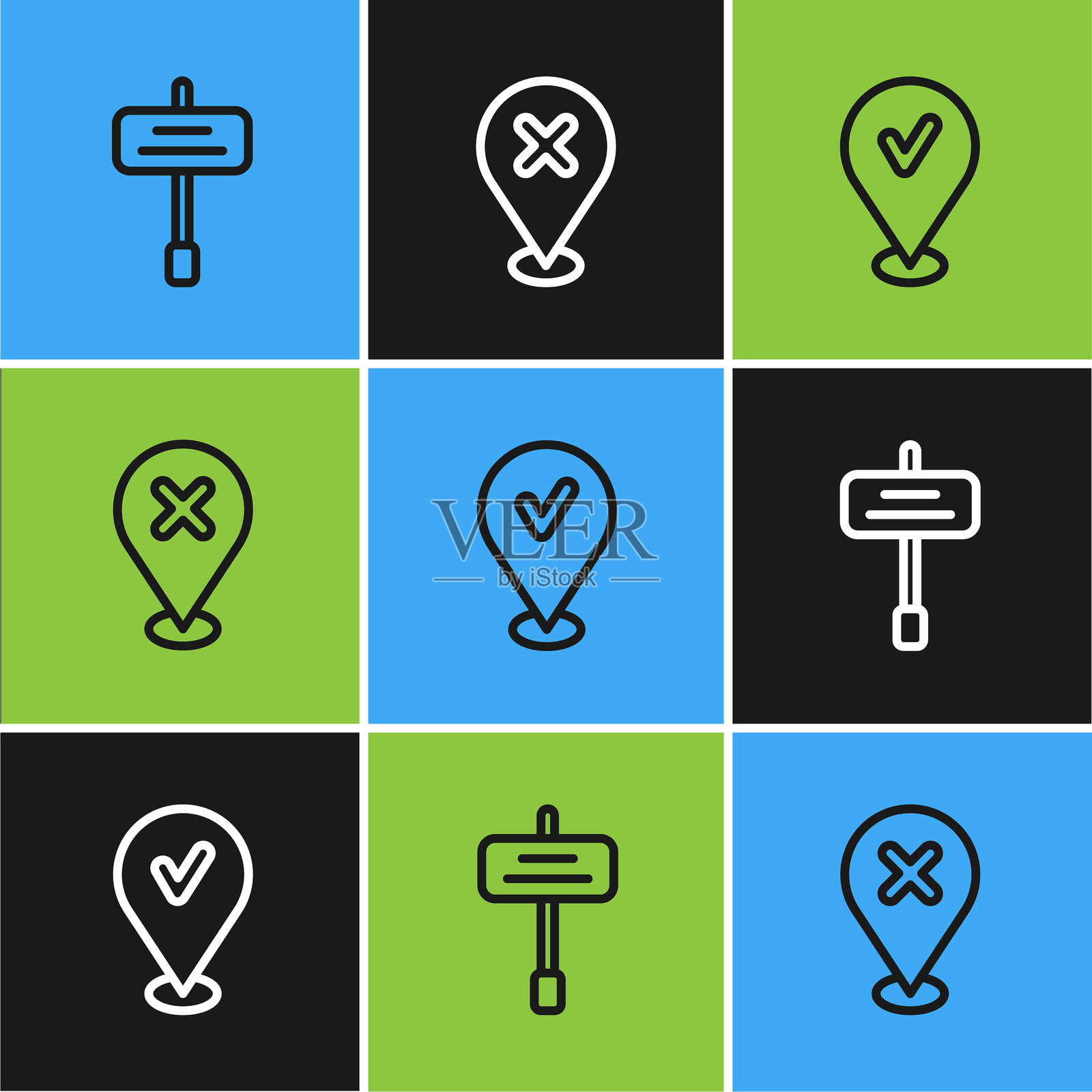设置道路交通标志，带有勾号和叉号的地点图标。矢量图。插画图片素材
